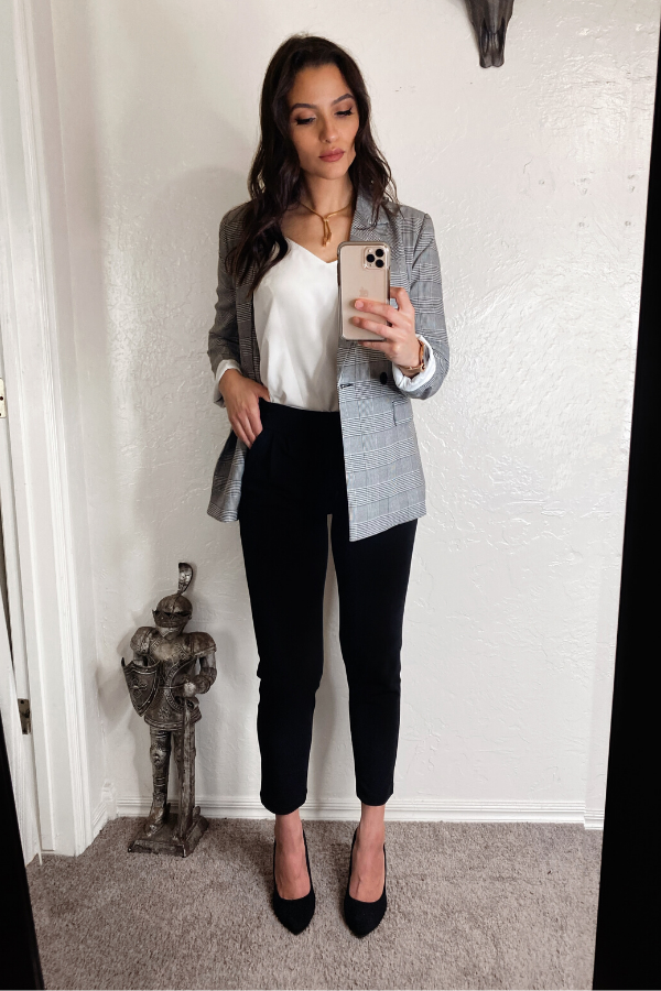 Black white top plaid blazer